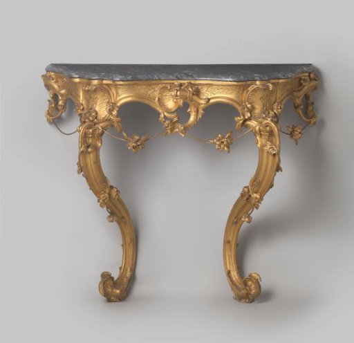 Table leaf of a folding table of gilded wood on two S-shaped legs decorated with rocailles