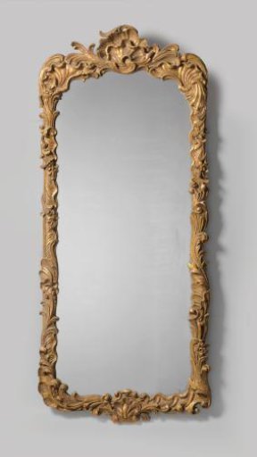 Mirror with gilded wooden frame, decorated with asymmetrical floral and leaf motifs, topped with a rocaille-shaped crest