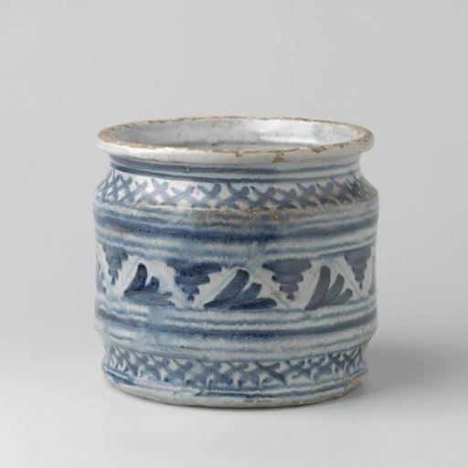 Apothecary jar, painted in blue with checkered bands and a band with fan-shaped leaf motifs.