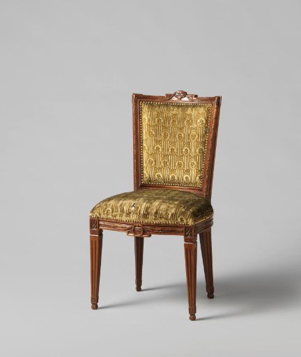 Chair of mahogany, upholstered in tripe with a continuous pattern of hanging oval bows containing a flower on a striped ground