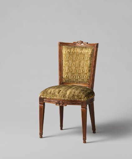 Mahogany chair upholstered in tapestry with a continuous pattern of ovals hanging from bows, containing a flower on a striped pattern