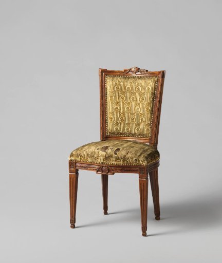 Mahogany chair upholstered in tapestry with a continuous pattern of ovals hanging from bows, containing a flower on a striped background
