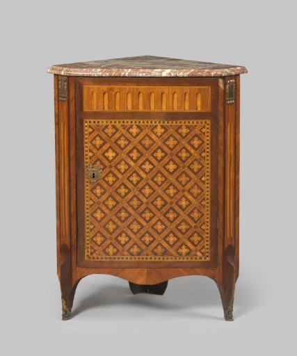 Corner Cabinet with Marquetry in a Diamond Pattern with Rosettes. Panel of Brown-White-Grey Veined Marble. Fittings of Copper.