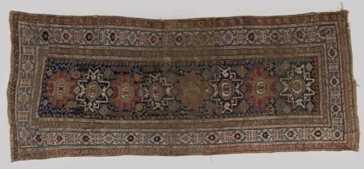 Carpet in runner format, decorated with eight so-called Lesghi stars as main motif and as filler motif. Three borders, of which the middle one is Kufic