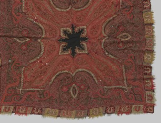 Almost square cashmere shawl of multicoloured wool embroidery on a ground, inlaid and appliquéd with red, black and white woolen fabric