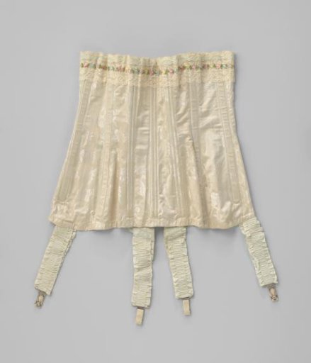 Corset of light blue silk and cotton, decorated with lace and satin ribbon and provided with four garters