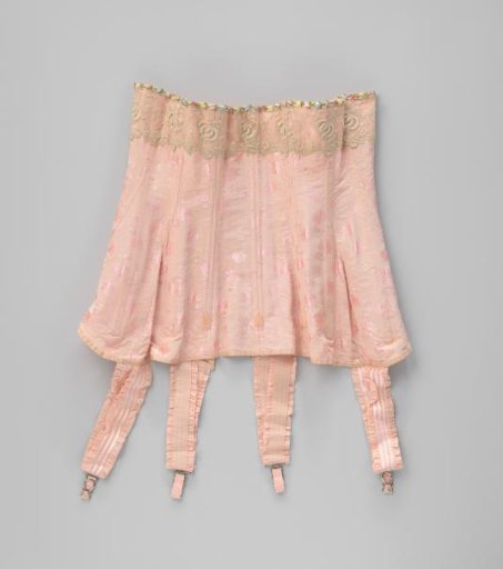 Corset of pink silk and cotton, decorated with lace and satin ribbon and provided with garters