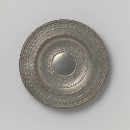 Decorative Tin Dish with Bands Ornamented with Vines, Insects, and Birds