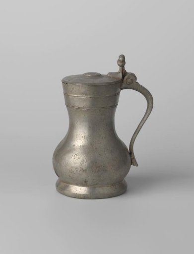 Tin drinking jug with lid and a Calvary scene on the bottom