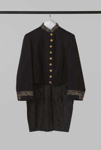 Coat of fine black cloth with gold embroidery and copper buttons with a crowned 'W', part of the official costume of a state treasurer