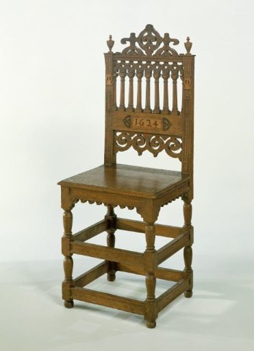 Chair of oak, on the flat splat a scroll cartouche with the date 1624