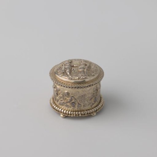 Knot Box on Five Ball Feet, Decorated with Chased Scenes: on the Lid Man and Woman; Wall with Playing, Fishing and Dancing Putti