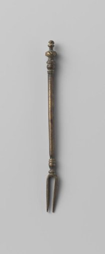 Fork with two tines and a vase-shaped ornament at the end of the handle