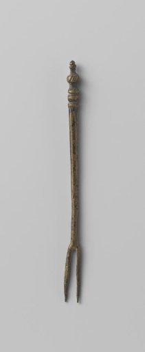 Fork with two tines and vase-shaped decoration at the end of the handle
