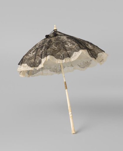 Parasol with a cover of Chantilly lace trimmed with a strip of white cotton bobbin lace and lined with white taffeta on a stick of carved ivory with the initials 'EVN'