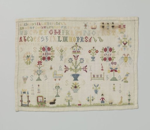 Sampler of multicoloured silk on linen.