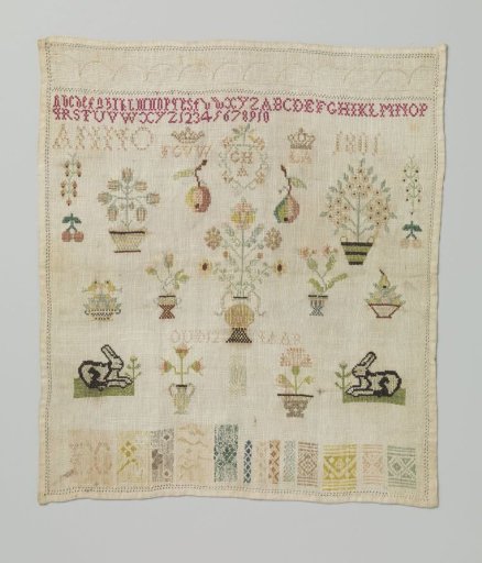 Sampler of linen with a sampler section in cross- and star-stitch with multicoloured silk, ANNO 1801 and three pairs of initials, 13 darning patches in satin and twill weaves, one with initials.