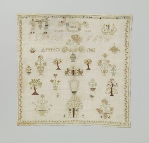 Sampler of linen with multicoloured silk in cross-, box- and star-stitch, among others the spies of Canaan, the Dutch Maiden, the coat of arms of Amsterdam, Adam and Eve at the tree of good and evil, ANNO 1802, AGE 13 YEARS and three pairs of initials
