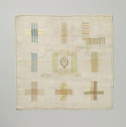 Darning patch of linen with ten different darns worked in multicolored silk and the initials LA, FGVW, EG and ANNO 1803 embroidered