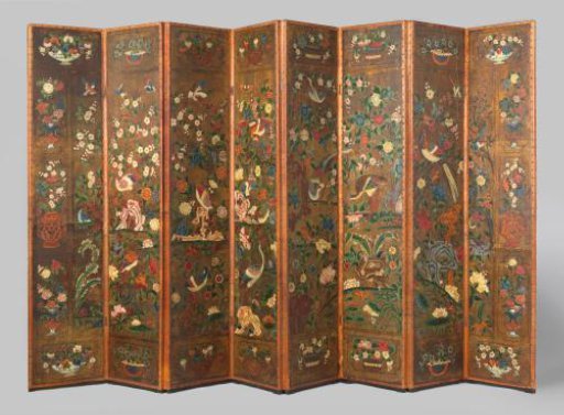 Room screen, eight leaves, covered with gold leather depicting rocks with flowers and shrubs containing birds, butterflies, and dragonflies