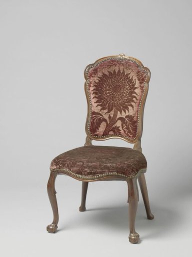 Chair, mahogany, upholstered with Utrecht velvet, featuring a pressed sunflower motif