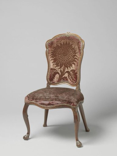 Chair, mahogany, upholstered with Utrecht velvet, featuring a pressed sunflower motif