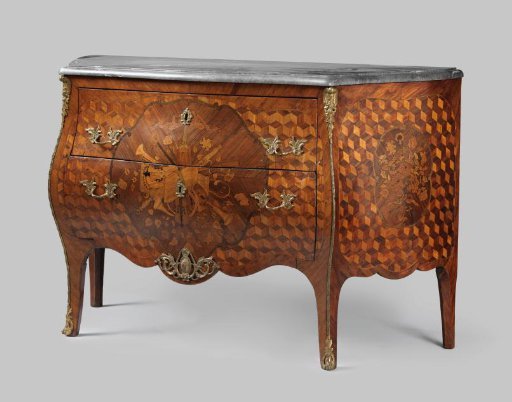 Commode decorated with musical trophies and floral work with a bow