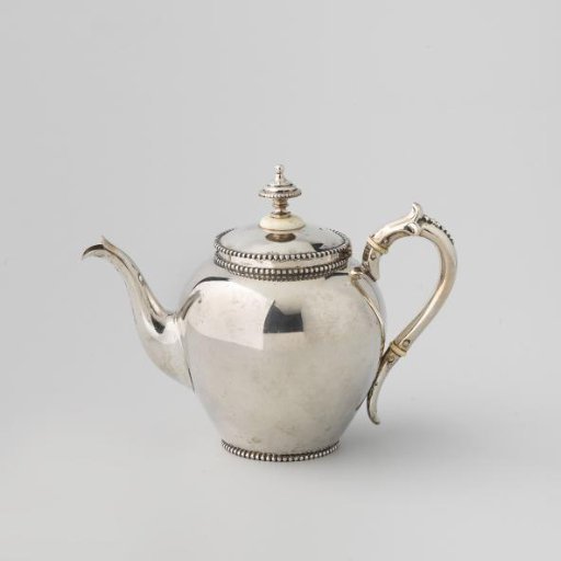 Silver pot with handle, elongated hemispherical and edged with pearl borders