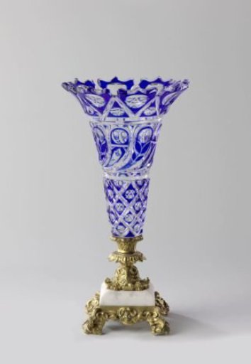 Vase with Cobalt Blue Überfang with Cut Decoration