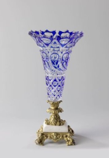 Vase with Cobalt Blue Überfang with Cut Decoration