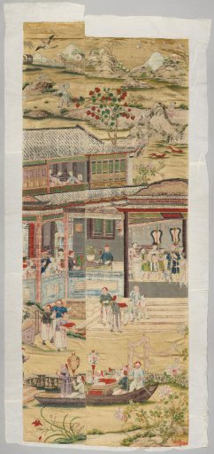 Fragment of a wall covering with painted Chinese genre scenes