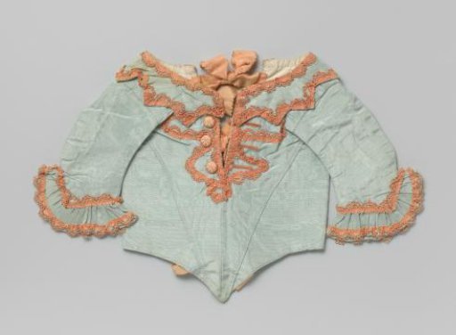 A Child's Bodice of Light Blue Moiré Silk and Salmon-Coloured Passementerie with Ribbons