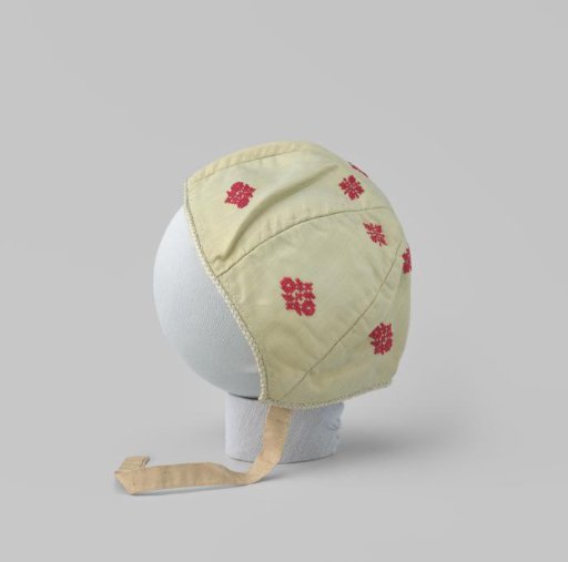 Children's Cap of Faded Green Changeant Silk with Red Flower