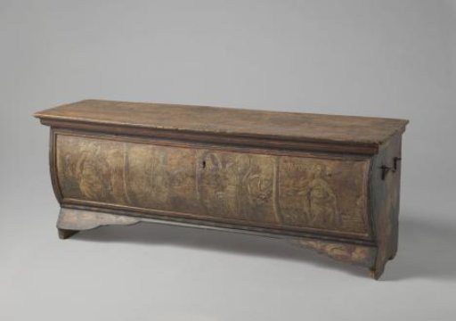 Chest Painted with Heraldic Figures and, on the Front Between Corinthian Columns, Seated Female Figures: Fortitude, Justice, Temperance, and Prudence