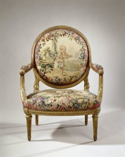 Armchair upholstered with tapestry featuring a boy with birds (porteur d'oiseaux) (back) and a fox with a pheasant (seat)
