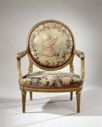 Armchair upholstered with tapestry featuring a dancing girl (petite danseuse) (back) and the fable of the heron (seat)