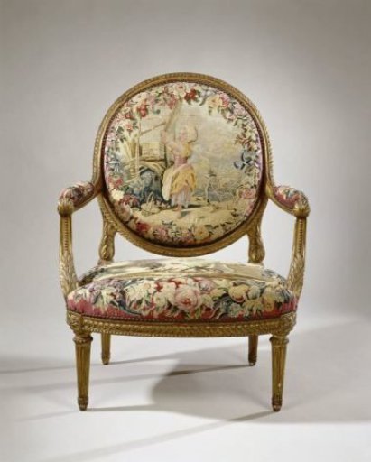 Armchair upholstered with tapestry featuring a girl with a birdcage and bird net (petit oiselière) (back) and the fable of the rooster and the pearl (seat)