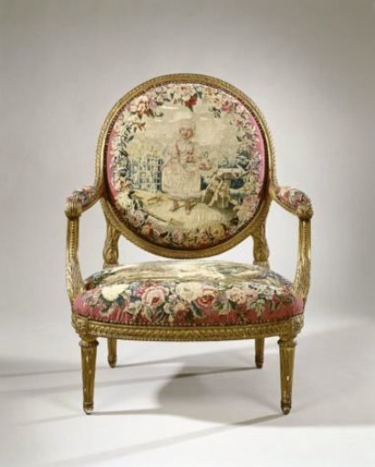 Armchair upholstered with tapestry featuring a girl with a basket of flowers (petite jardinière/petite fille portant des fleurs) (back) and the fable of the two roosters (seat)