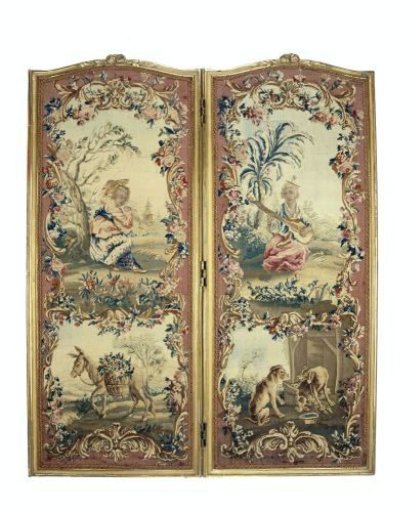 Room screen, two-leaf, upholstered with a weave featuring an Eastern dancer and musician and animal scenes from La Fontaine's fables