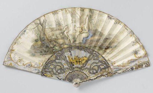 Folding fan with leaf painted in watercolour Vertumnus & Pomona, on a carved mount of mother-of-pearl with silver and gold leaf