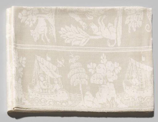 Tablecloth with landscape, male figures, and dogs