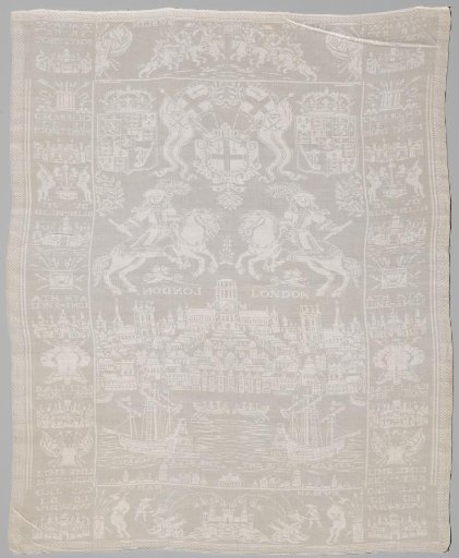 Napkin with London, the Thames, English arms, horsemen and conquered cities