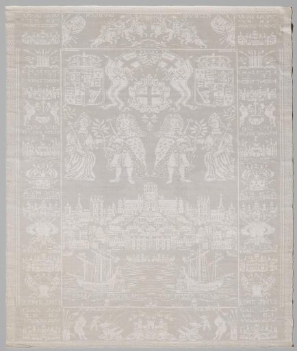 Napkin with London, the Thames, English arms, King William III and Mary Stuart and conquered cities