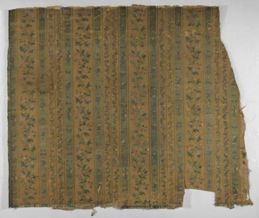 Wallpaper, painted on silk with stripes, tied bouquets, alternating with loose flowers and upright slender stems with leaves and flower variations