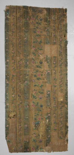 Wall covering, painted on silk with stripes, tied bouquets, alternating with loose flowers and upright slender stems with leaves and flower variations