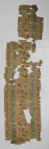 Wall covering, painted on silk with stripes, tied bouquets, alternating with loose flowers and upright slender stems with leaves and flower variations
