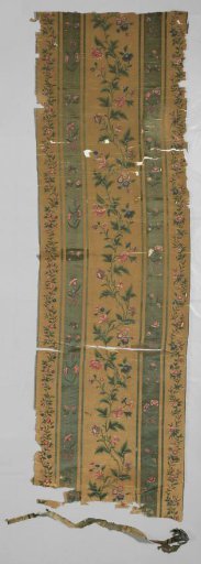 Wall covering, painted on silk with stripes, tied bouquets, alternating with loose flowers and upright stems with leaves and flower variations