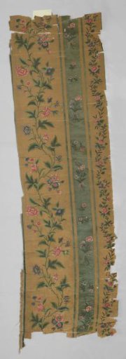 Wall covering, painted on silk with stripes, tied bouquets, alternating with loose flowers and upright slender stems with leaves and flower variations