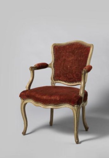 Armchair on S-Curved Front Legs, of Grey-Painted Walnut and Upholstered in Red Velvet with a Pattern of Rose Branches
