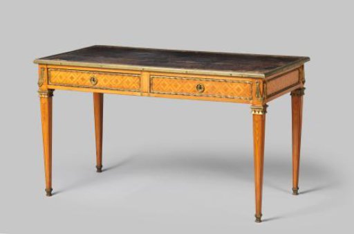 Writing Table with Two Drawers and a Leather Top with Gold Stamps. Copper Ornaments. Legs with Casters in Marquetry. Entirely Lined with Various Woods.